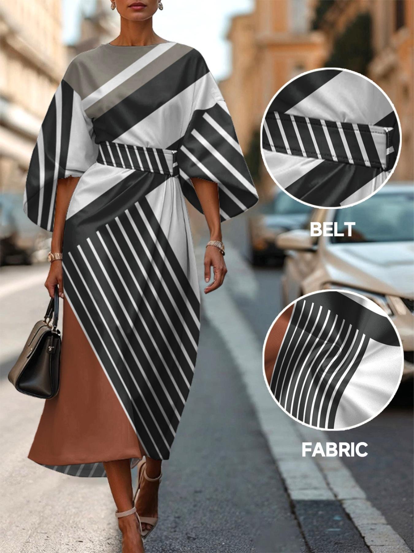Regular Fit Casual Geometric Crew Neck Dolman Sleeve Dress With Belt