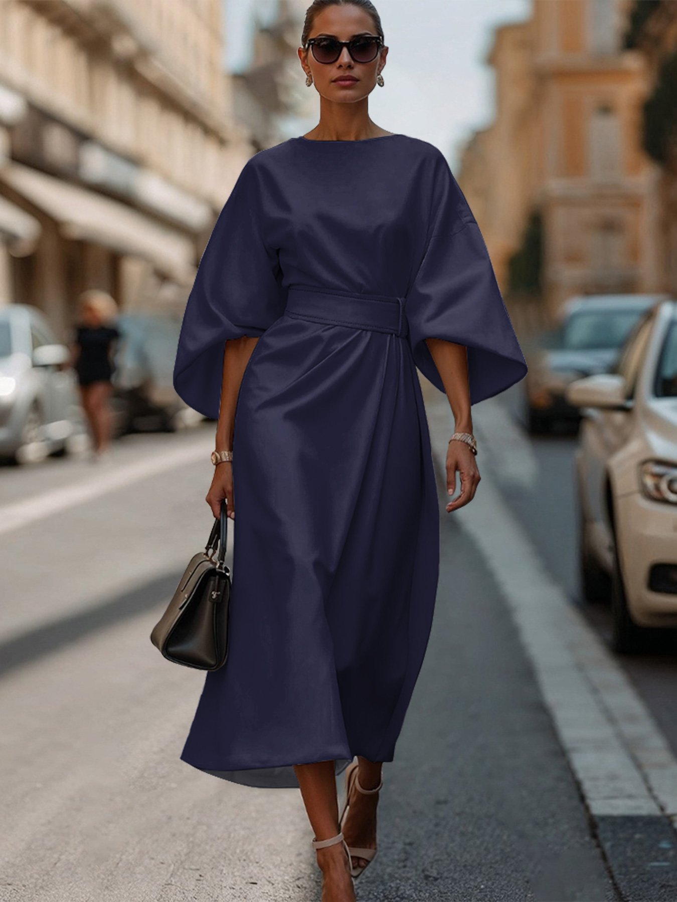 Regular Fit Dolman Sleeve Street Crew Neck Dress With Belt
