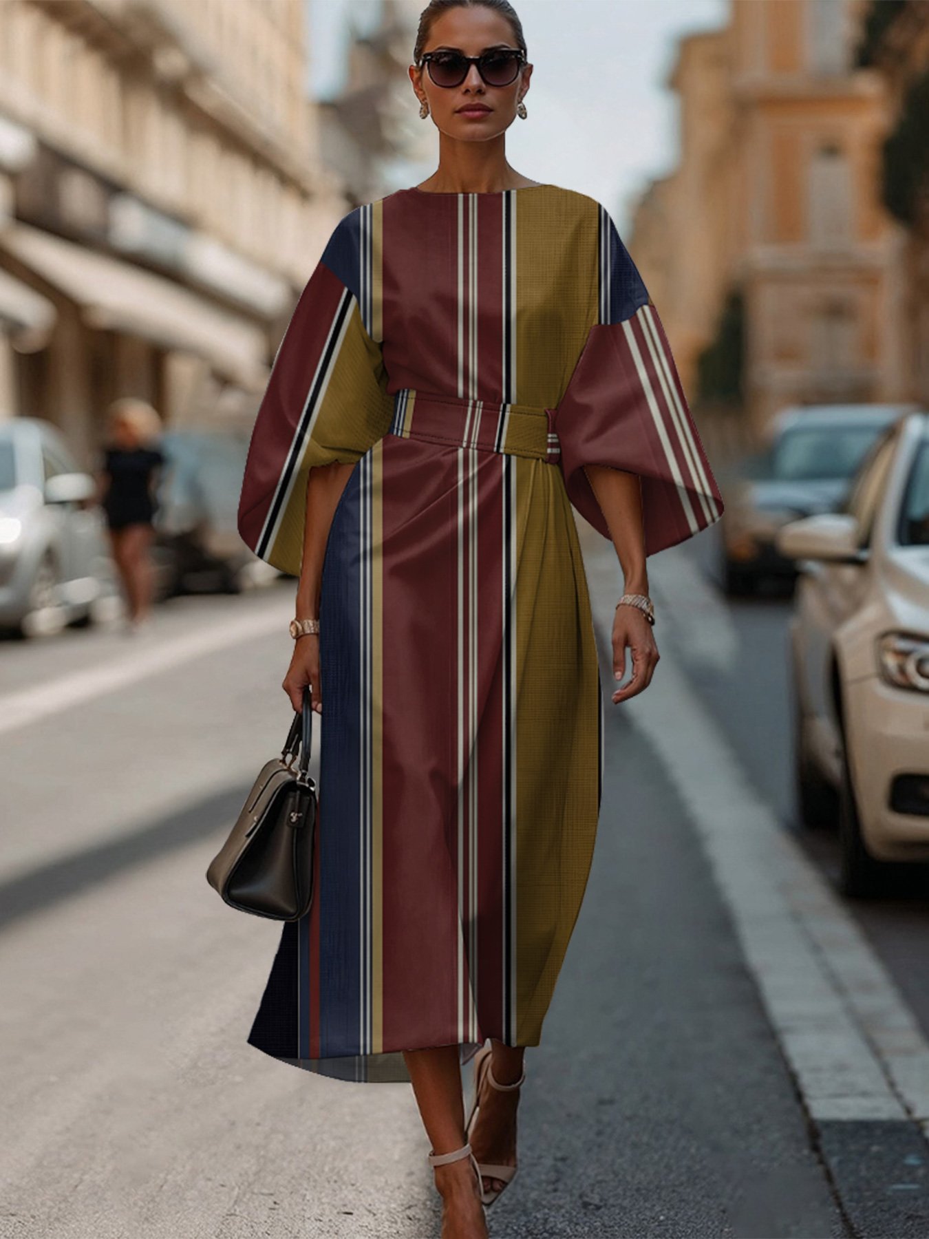 Crew Neck Dolman Sleeve Street Dress With Belt