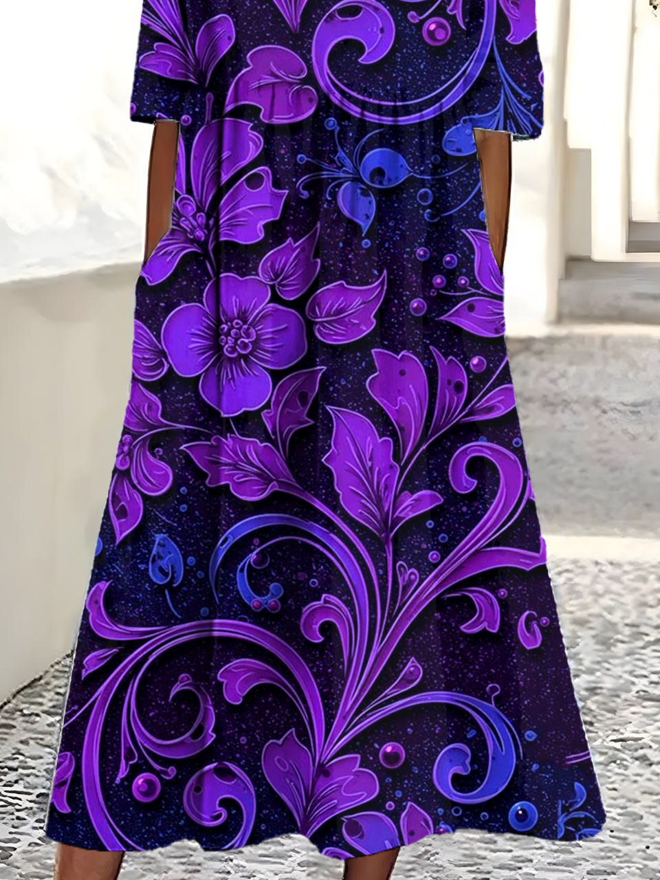 Women's Round Neck Retro Print Dress Fashionable And Elegant Loose Style
