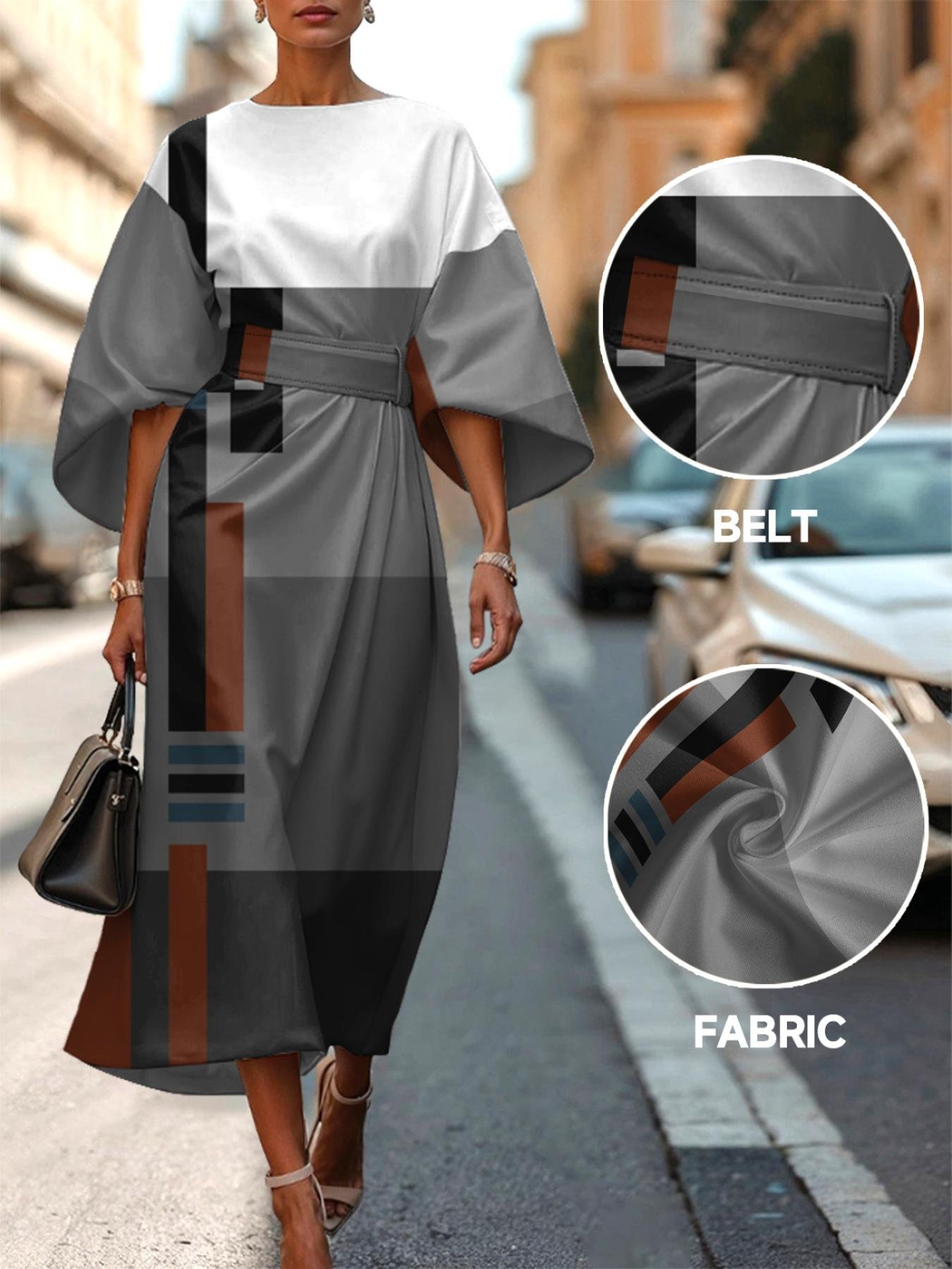 Regular Fit Casual Geometric Crew Neck Dolman Sleeve Dress With Belt