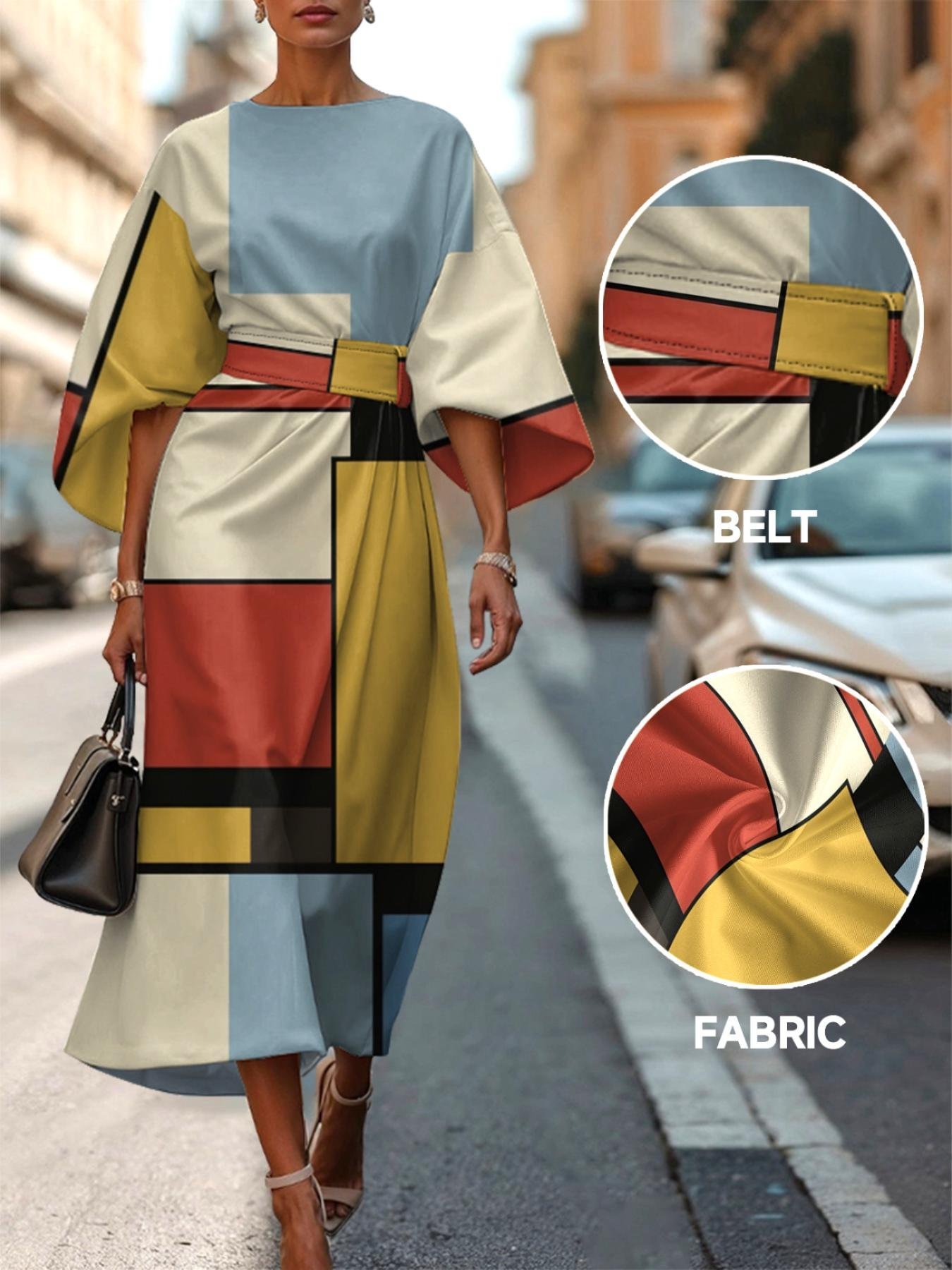 Dolman Sleeve Crew Neck Gradient Pattern Vintage Dress With Belt