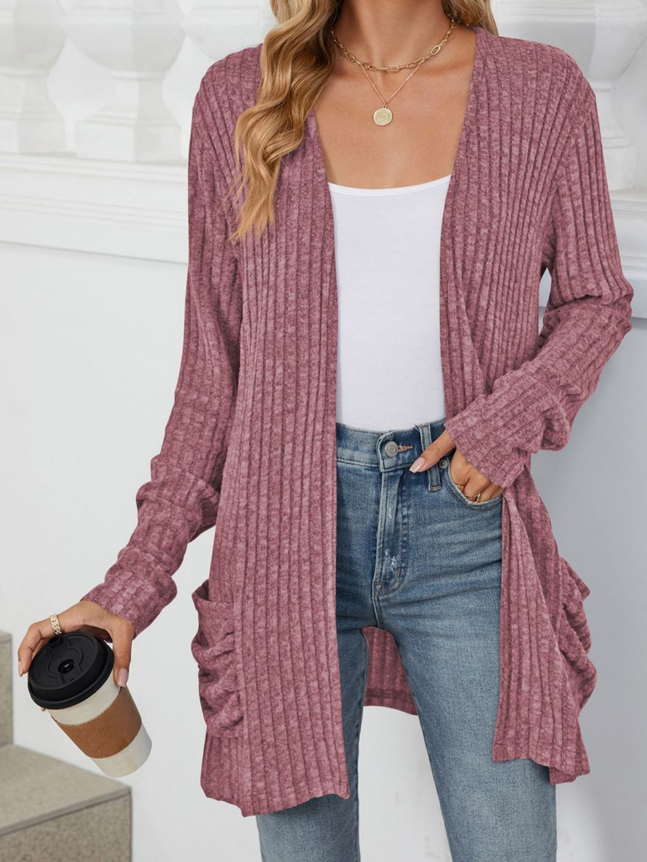 Cotton-Blend Loose Simple New Autumn And Winter Solid Color Casual Pocket Long-sleeved Warm Knitted Cardigan