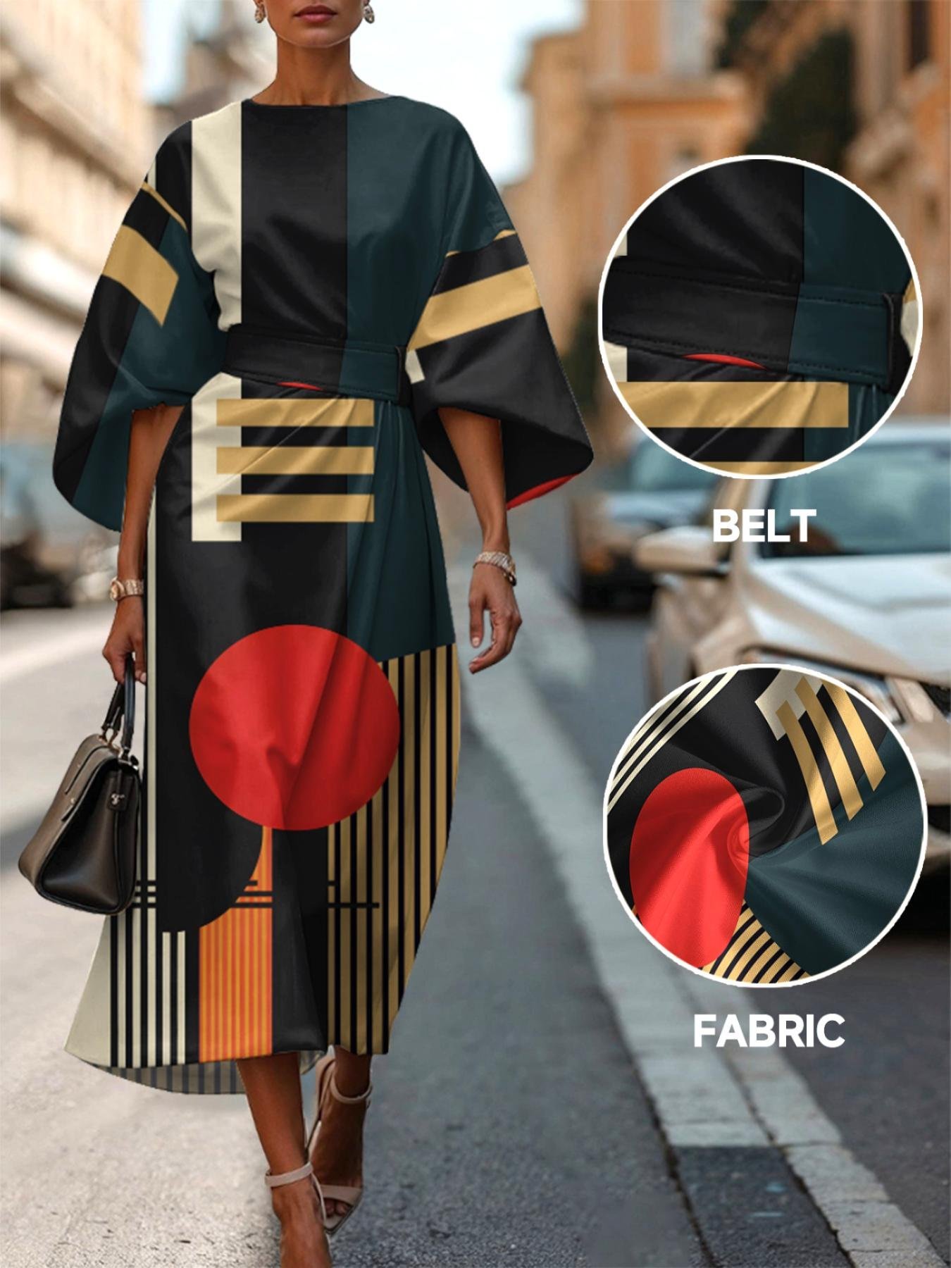Geometric Street Crew Neck Regular Fit Dolman Sleeve Dress With Belt