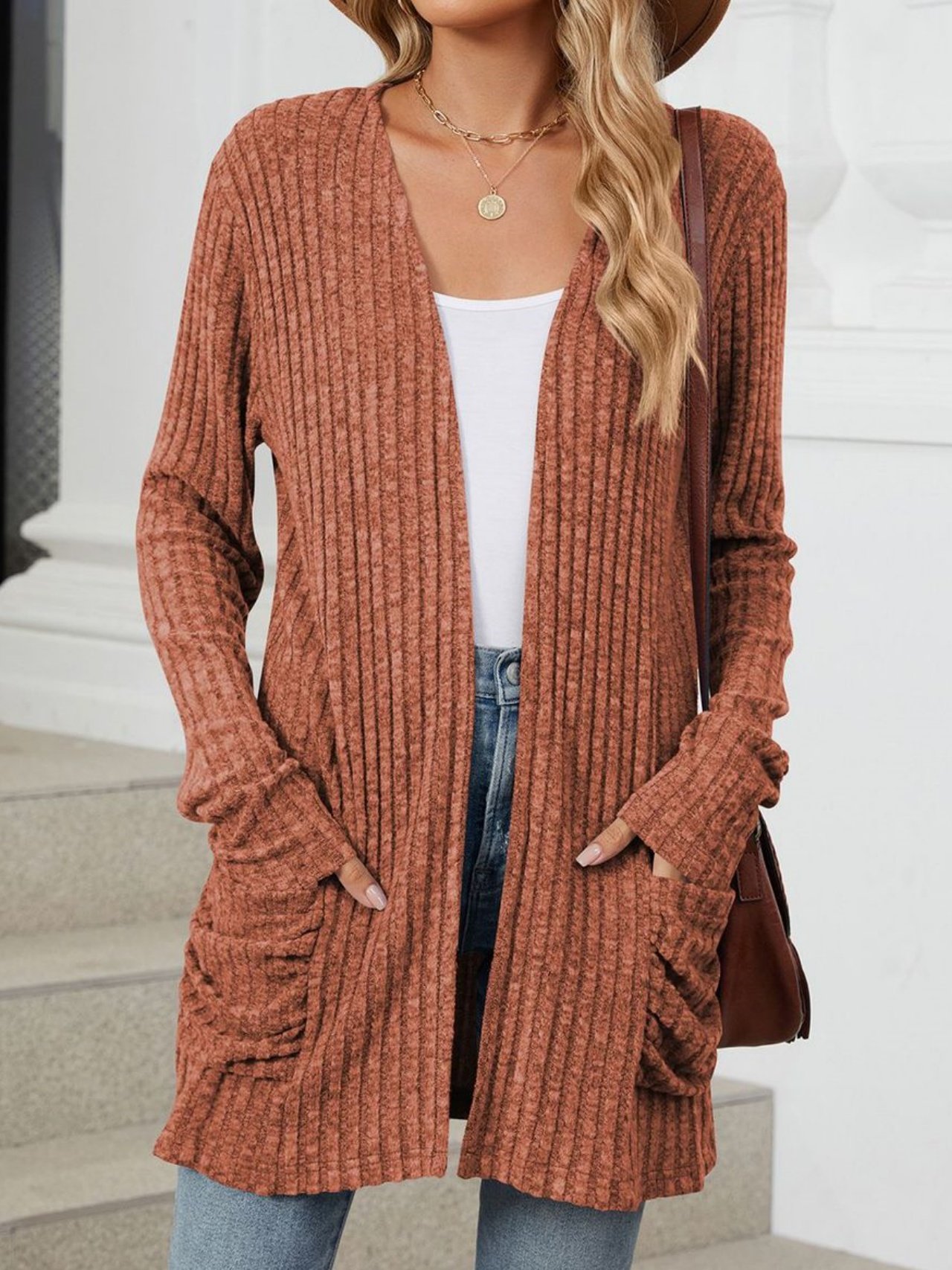 Cotton-Blend Loose Simple New Autumn And Winter Solid Color Casual Pocket Long-sleeved Warm Knitted Cardigan