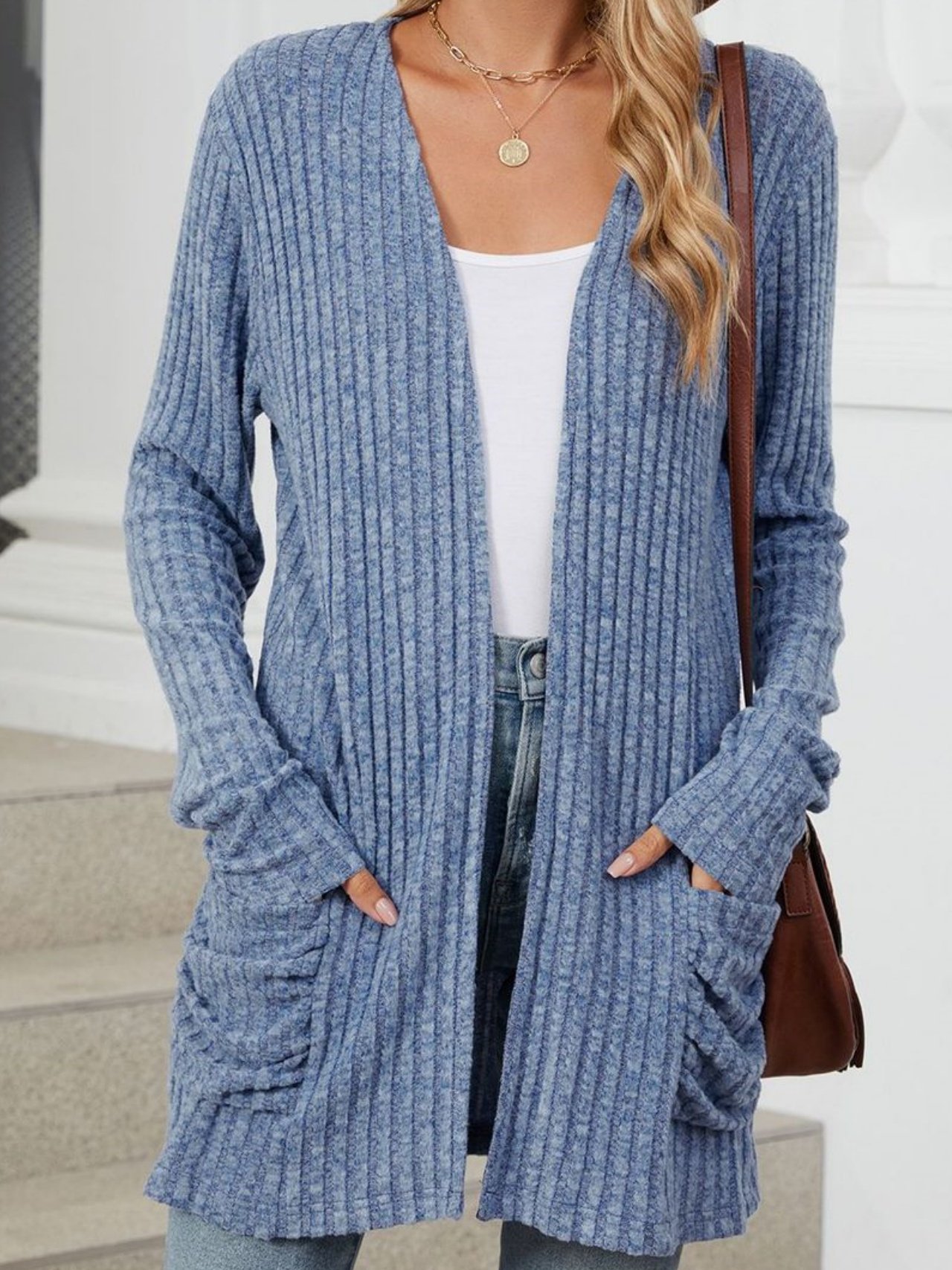 Cotton-Blend Loose Simple New Autumn And Winter Solid Color Casual Pocket Long-sleeved Warm Knitted Cardigan
