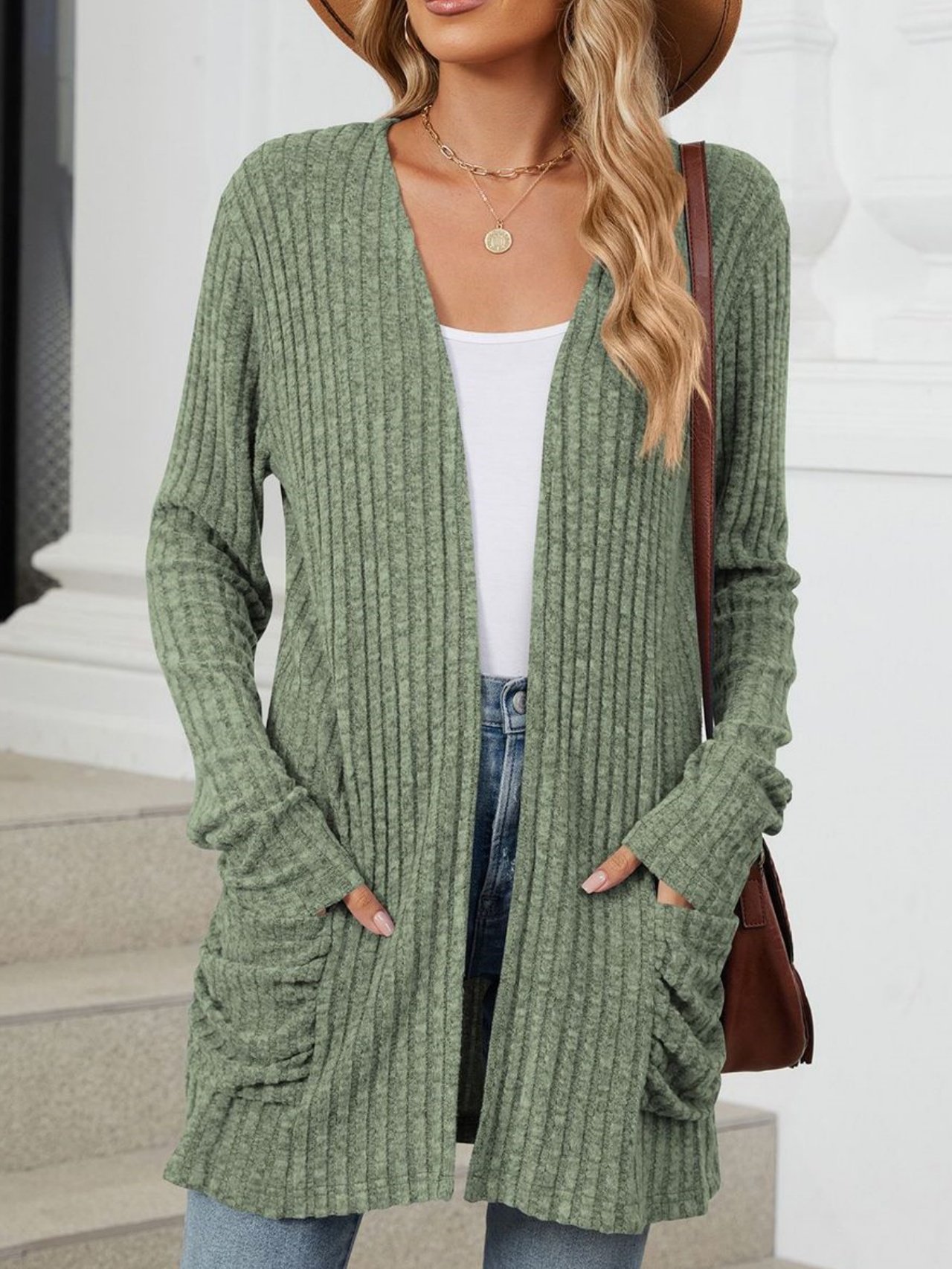 Cotton-Blend Loose Simple New Autumn And Winter Solid Color Casual Pocket Long-sleeved Warm Knitted Cardigan