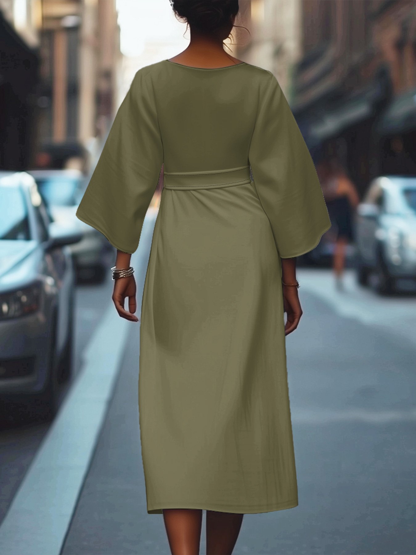 Regular Fit Dolman Sleeve Street Crew Neck Dress With Belt