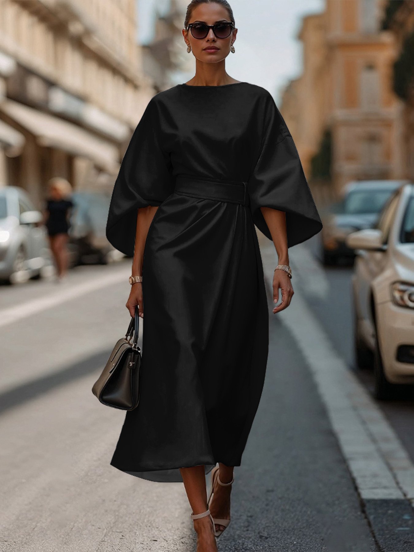 Regular Fit Dolman Sleeve Street Crew Neck Dress With Belt