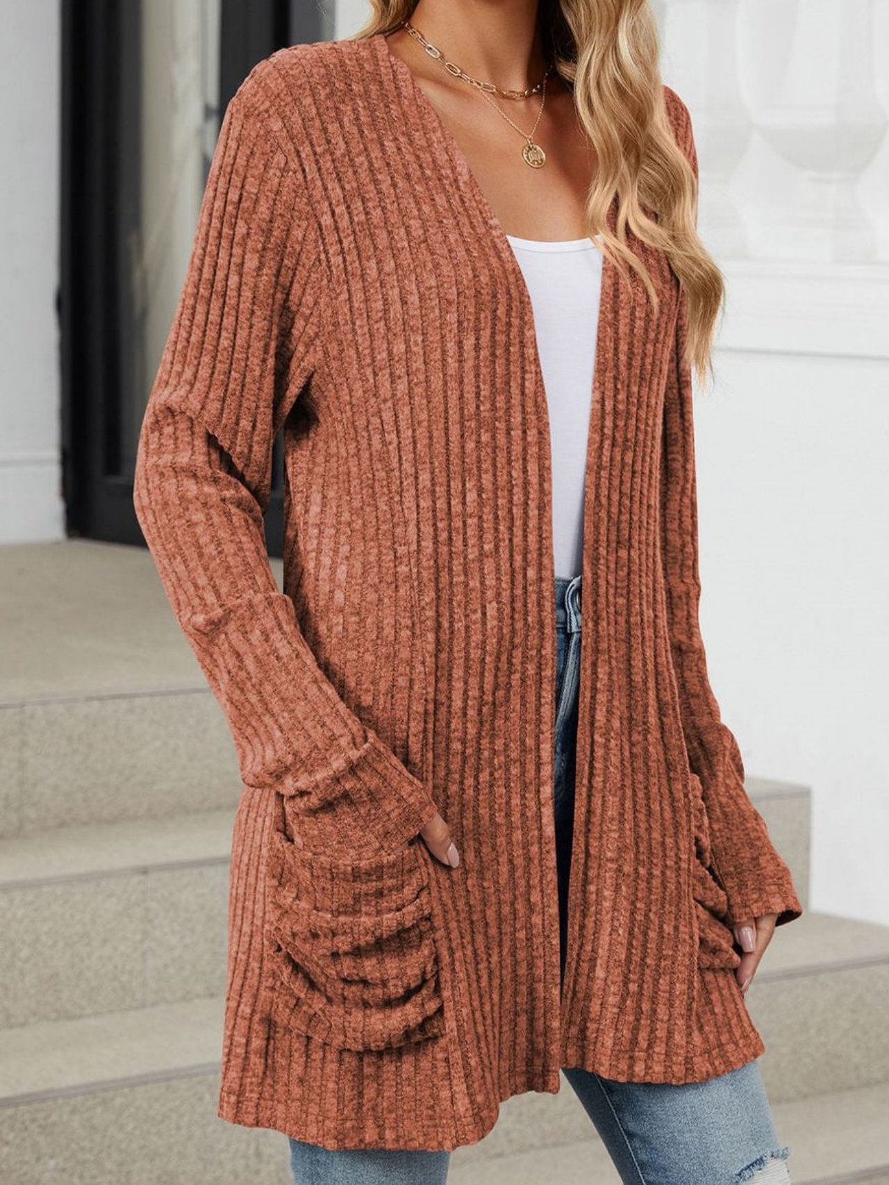 Cotton-Blend Loose Simple New Autumn And Winter Solid Color Casual Pocket Long-sleeved Warm Knitted Cardigan