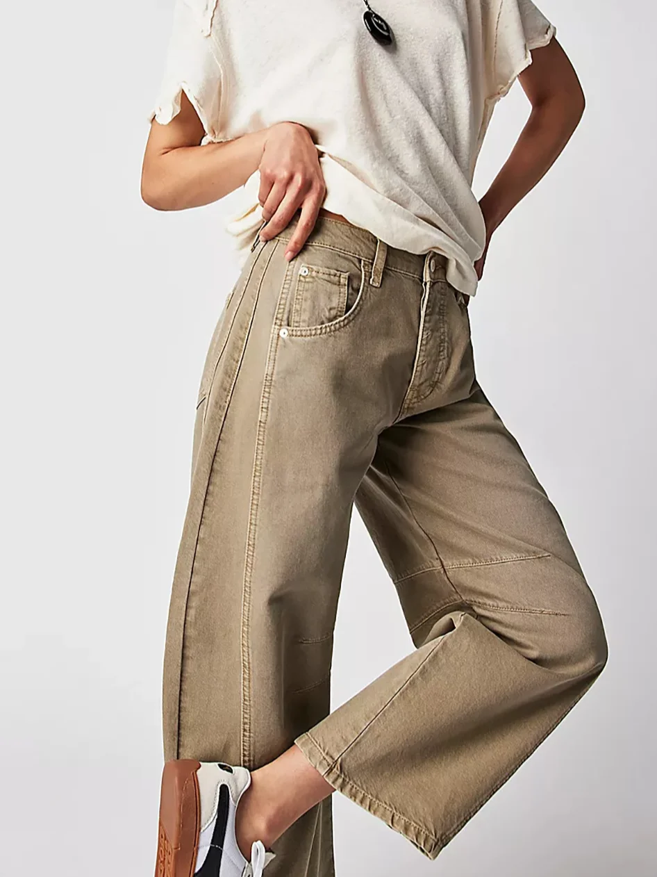 Buckle Cotton Loose Casual Women's Loose Wide Leg Pants Mid-low Rise Washed Scimitar Pants Jeans