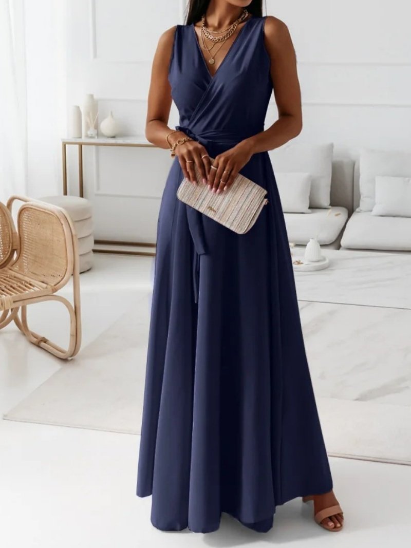 Women's Sleeveless Summer darkgreen Plain Split Joint V Neck Daily Going Out Vintage Maxi A-Line Tank Dress