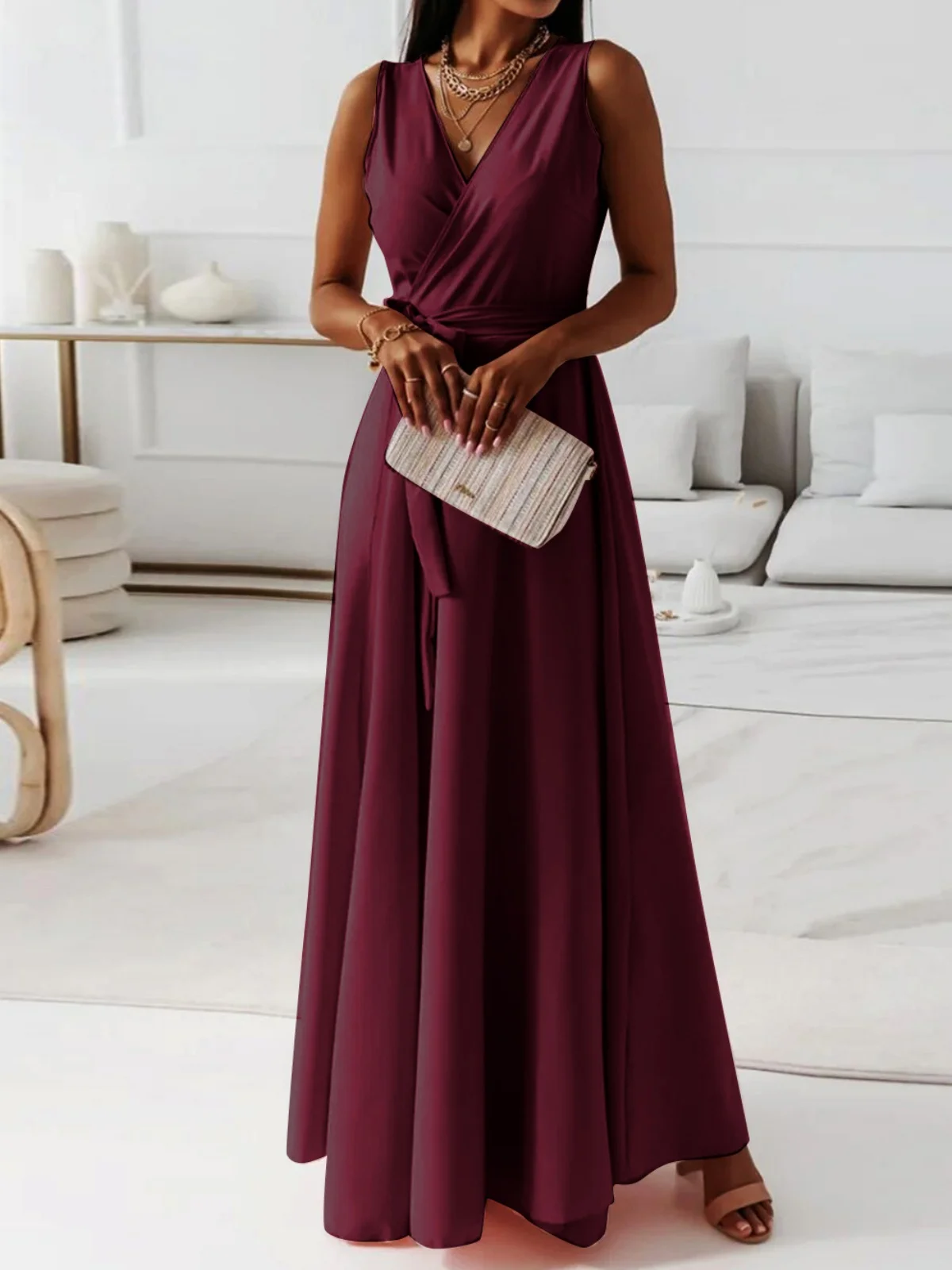Women's Sleeveless Summer darkgreen Plain Split Joint V Neck Daily Going Out Vintage Maxi A-Line Tank Dress