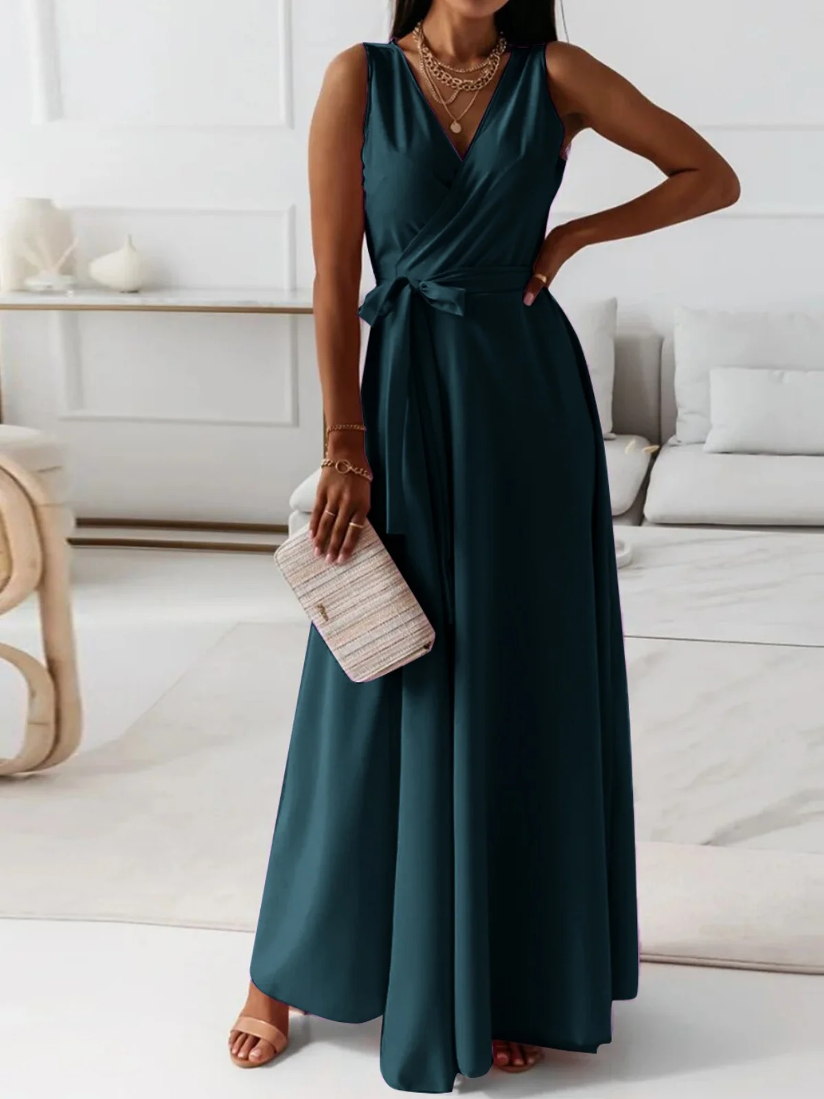 Women's Sleeveless Summer darkgreen Plain Split Joint V Neck Daily Going Out Vintage Maxi A-Line Tank Dress