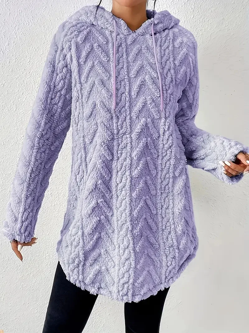 Women's Solid Color Hooded Long-Sleeved Plush Mid-Length Sweatshirt