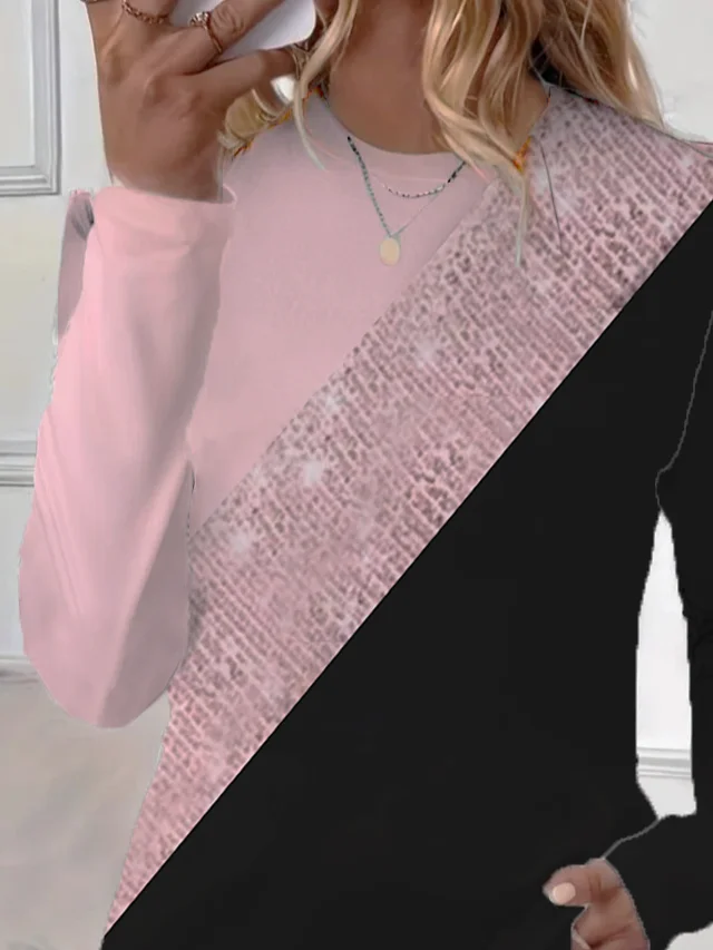 Women's Long Sleeve T-shirt Spring/Fall Pink Multicolor Block Printing Jersey Crew Neck Daily Going Out Casual Top