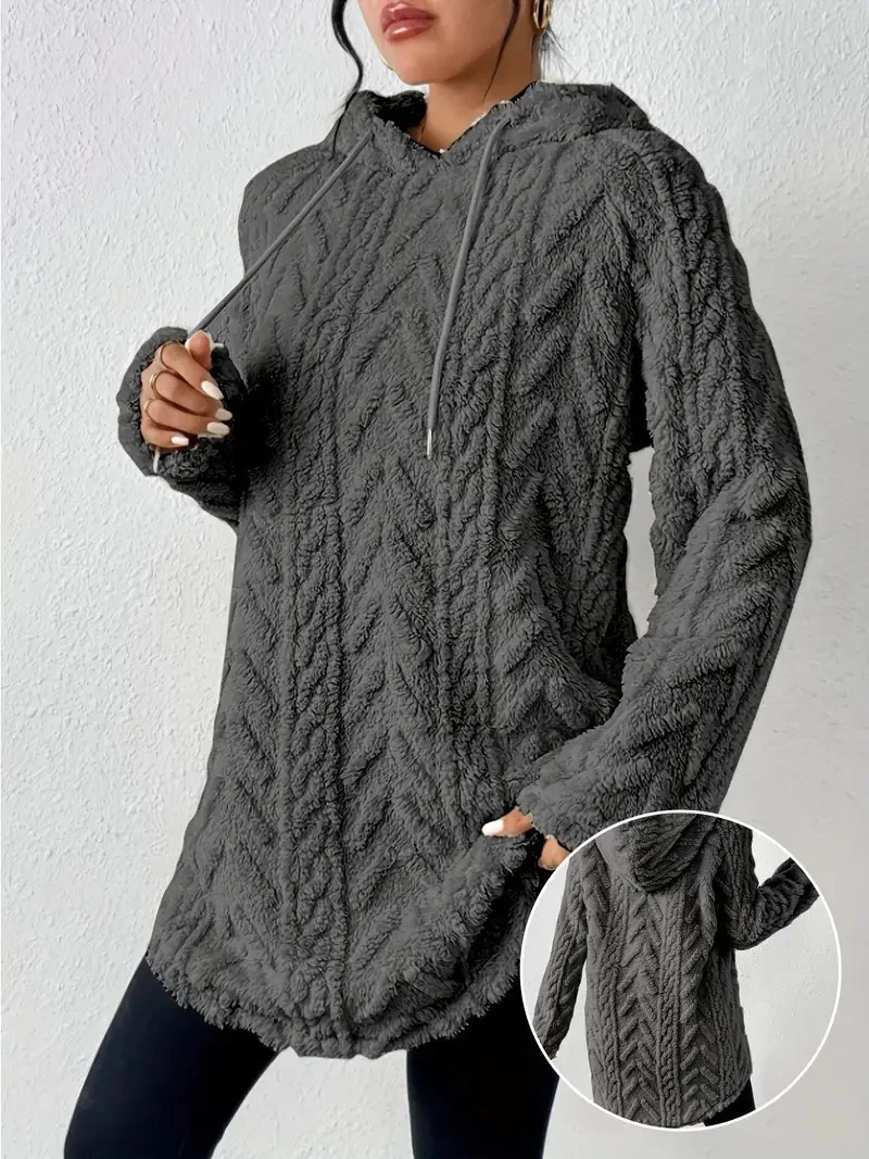Women's Solid Color Hooded Long-Sleeved Plush Mid-Length Sweatshirt