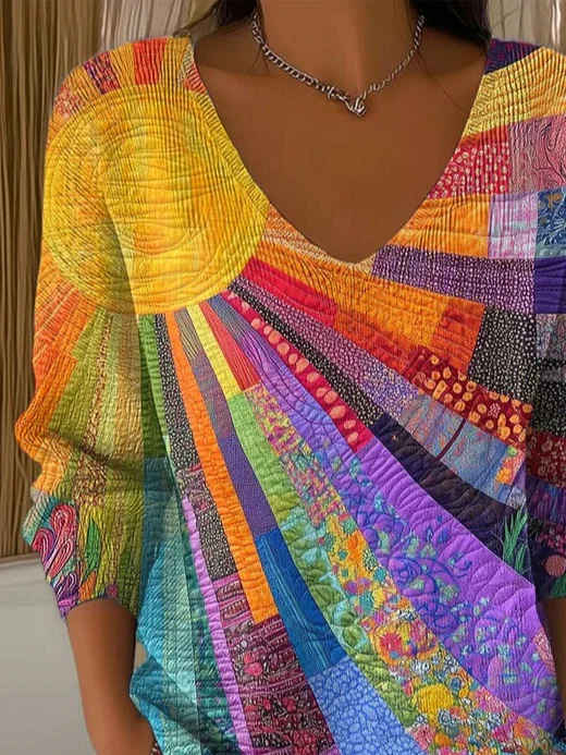 Women's Long Sleeve T-shirt Spring/Fall As Picture Abstract Printing V Neck Daily Going Out Casual Top