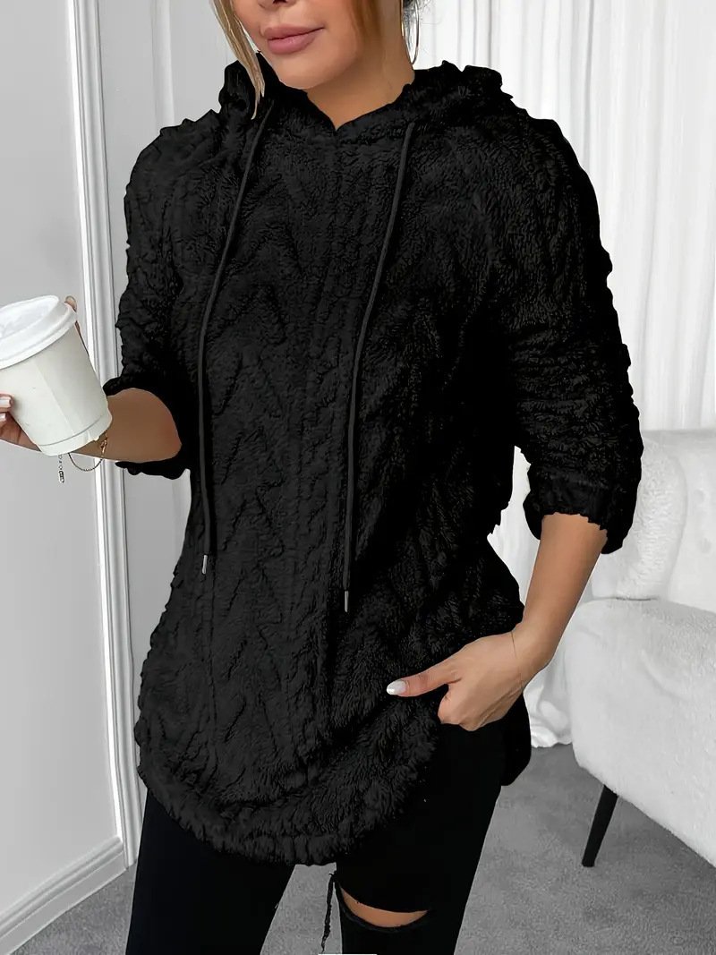 Women's Solid Color Hooded Long-Sleeved Plush Mid-Length Sweatshirt