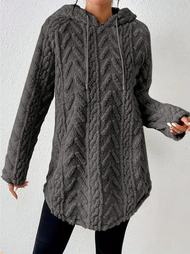 Women's Solid Color Hooded Long-Sleeved Plush Mid-Length Sweatshirt