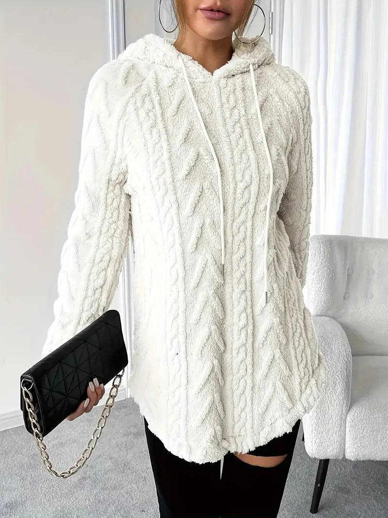 Women's Solid Color Hooded Long-Sleeved Plush Mid-Length Sweatshirt