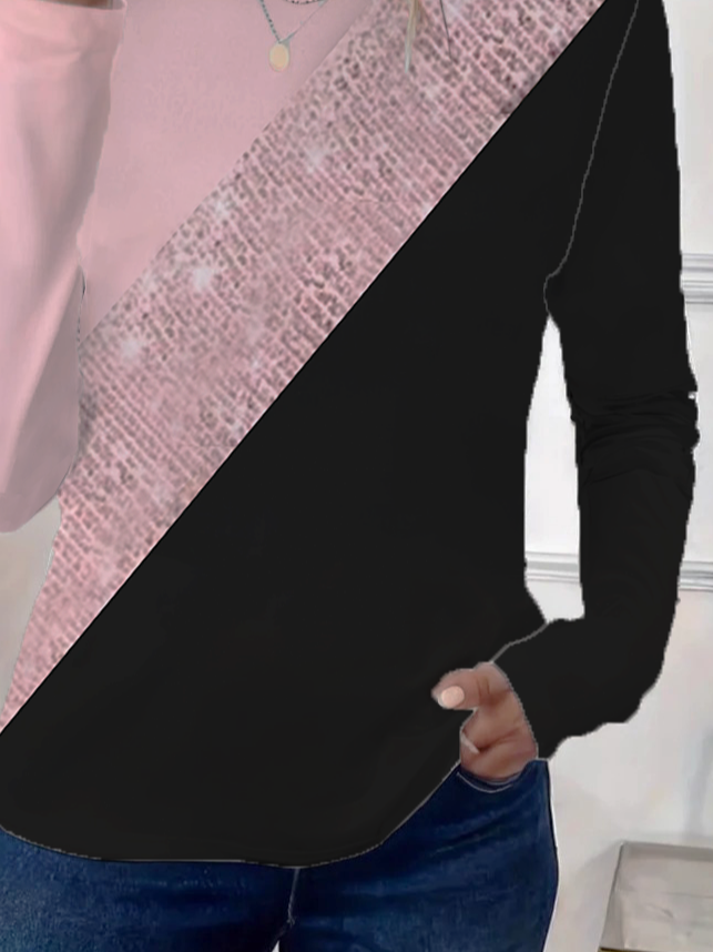 Women's Long Sleeve T-shirt Spring/Fall Pink Multicolor Block Printing Jersey Crew Neck Daily Going Out Casual Top
