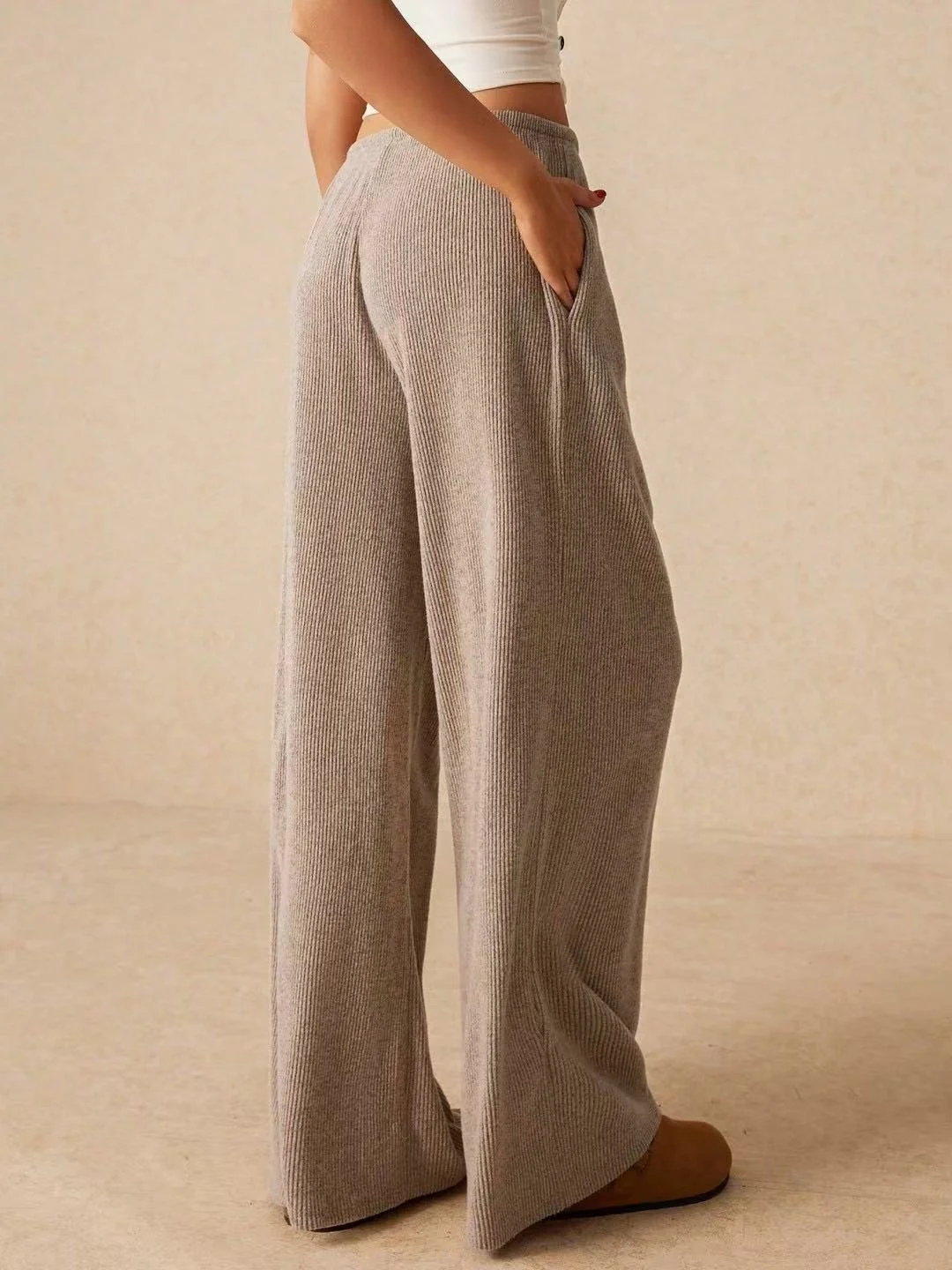 Women's  Elastic Waist H-Line Wide Leg Pants Daily Going Out Pants Khaki Casual Split Joint Plain Spring/Fall Pants