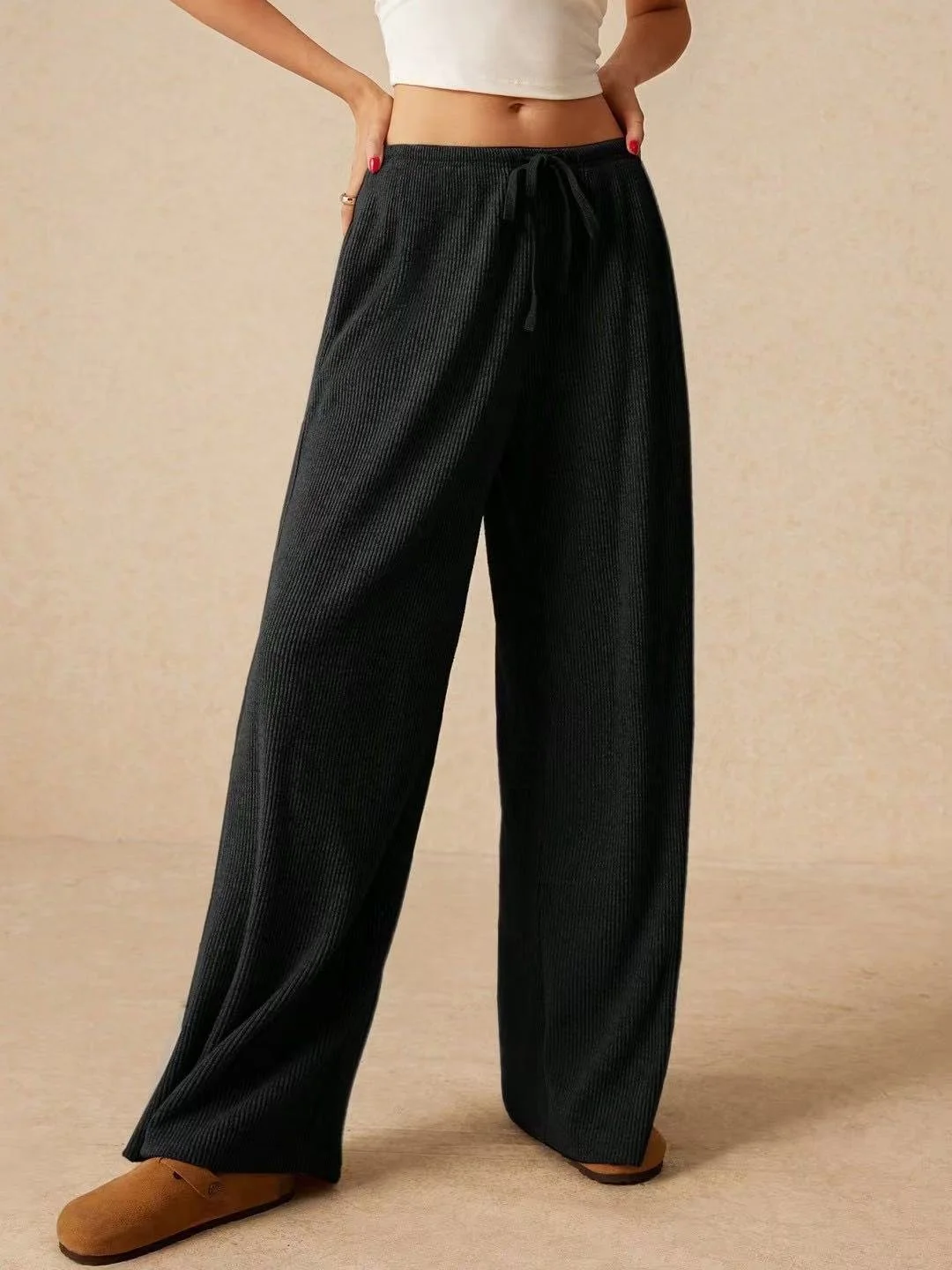 Women's  Elastic Waist H-Line Wide Leg Pants Daily Going Out Pants Khaki Casual Split Joint Plain Spring/Fall Pants