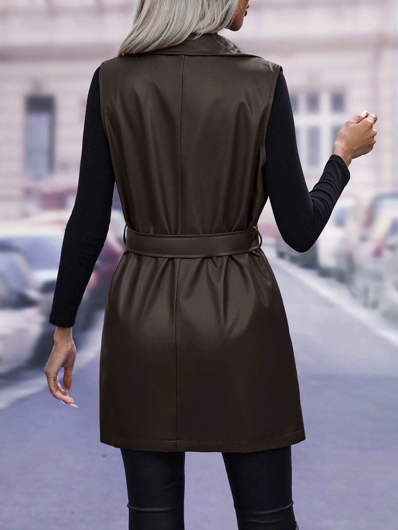 Loose Plain Street Pu Vest With Belt