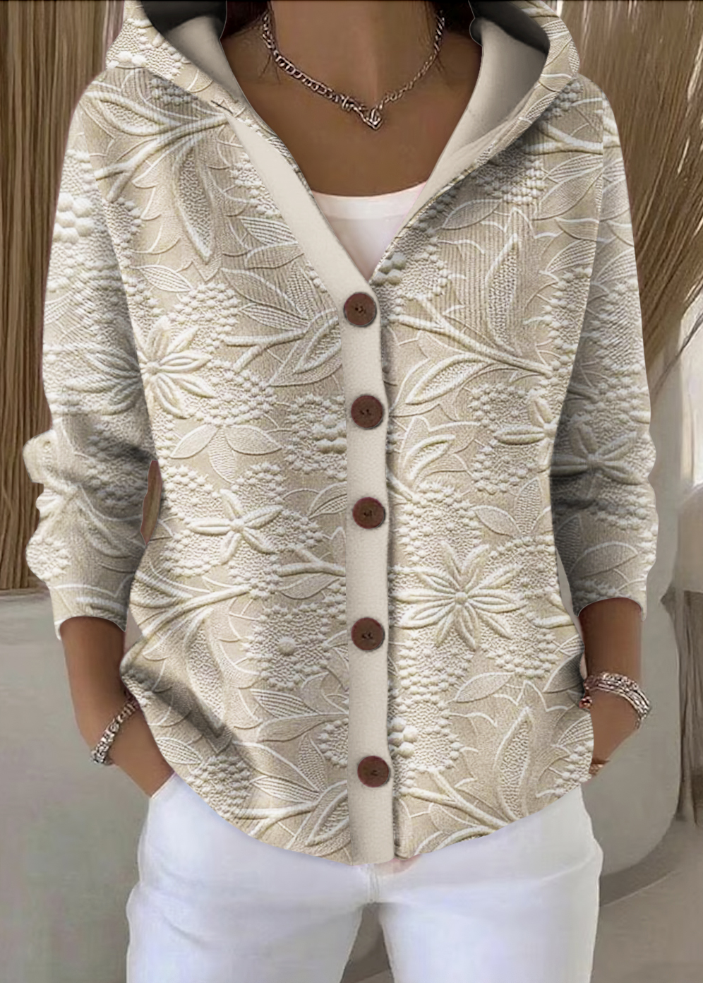Women Casual Floral Hoodie Long Sleeve Cardigan