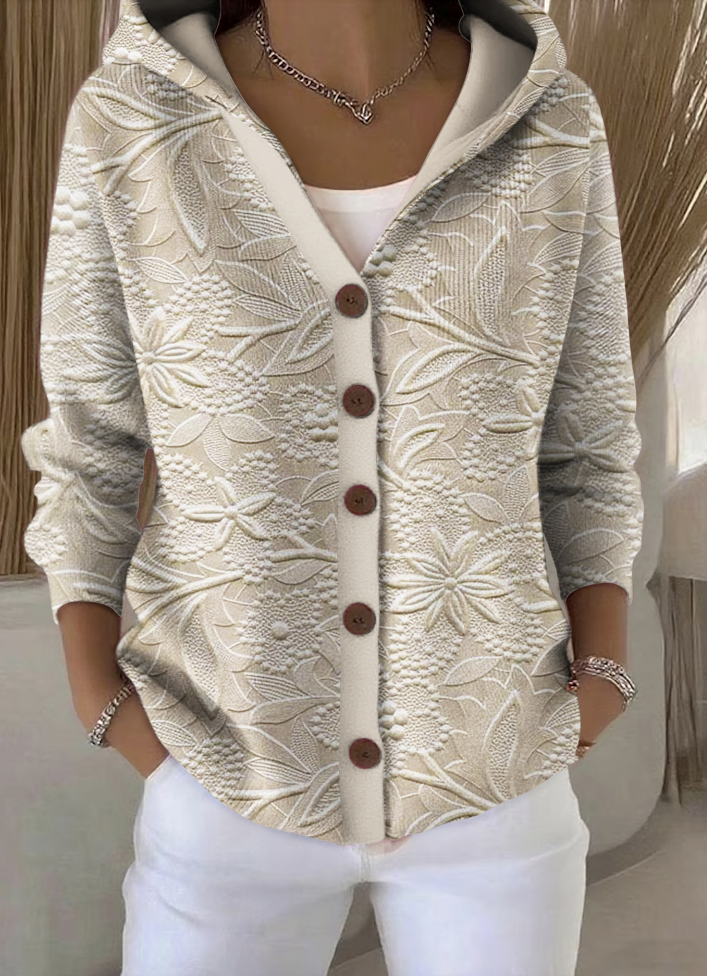 Women Casual Floral Hoodie Long Sleeve Cardigan