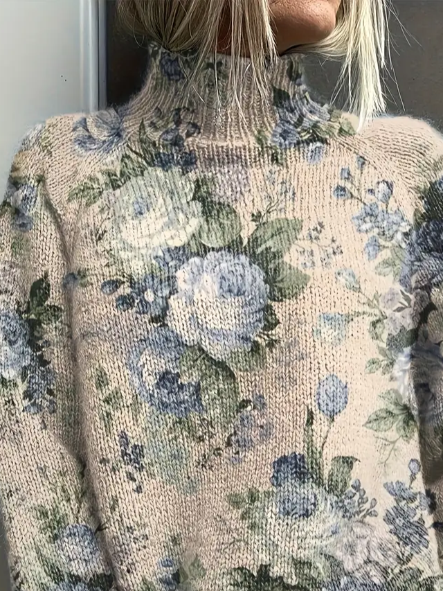 Women's Floral Print Casual Turtleneck Long Sleeve Sweater