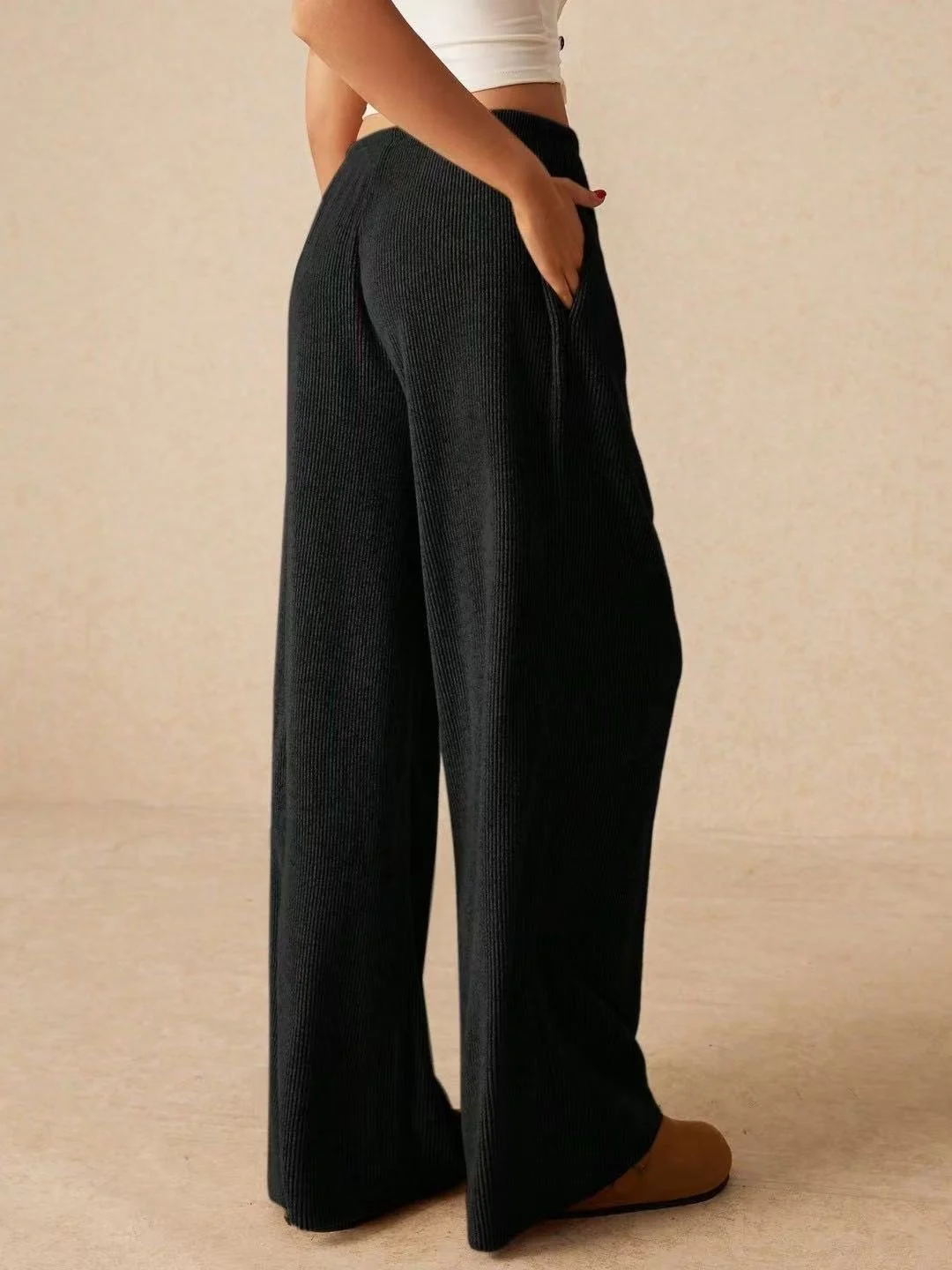 Women's  Elastic Waist H-Line Wide Leg Pants Daily Going Out Pants Khaki Casual Split Joint Plain Spring/Fall Pants