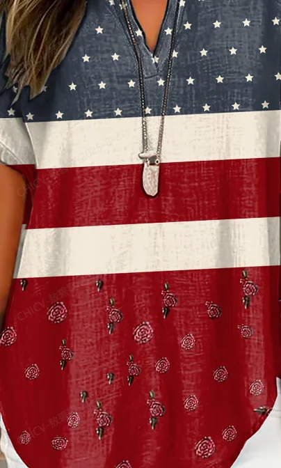 Women's Retro Independence Day Print Short Sleeve Shirt