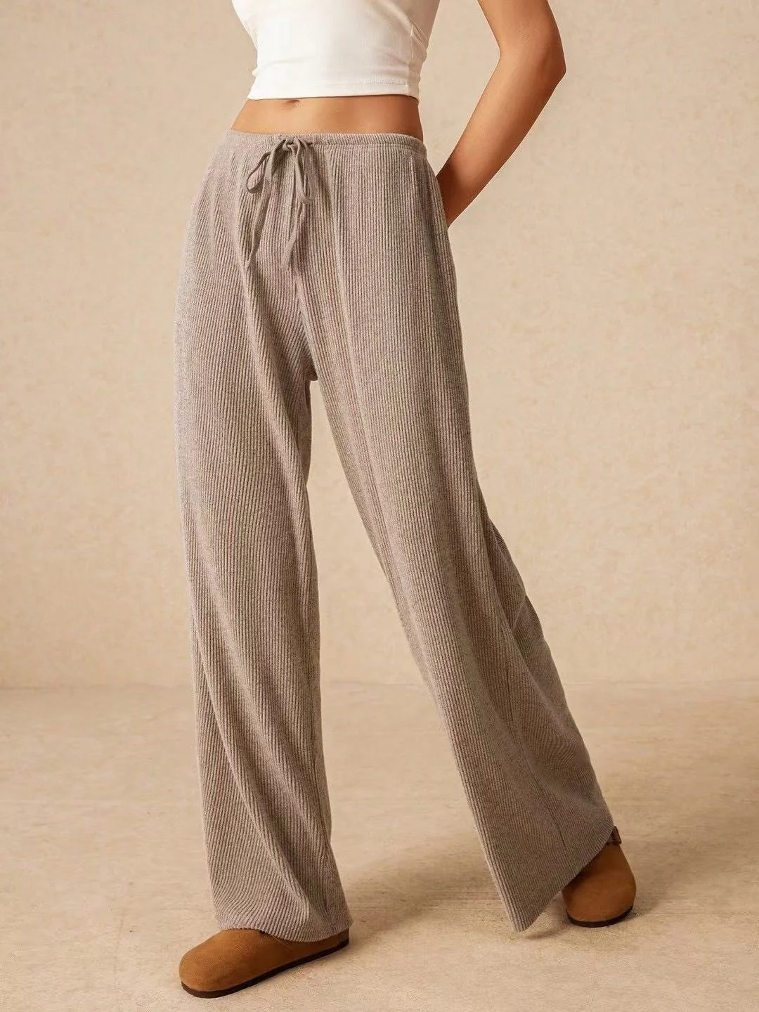 Women's  Elastic Waist H-Line Wide Leg Pants Daily Going Out Pants Khaki Casual Split Joint Plain Spring/Fall Pants