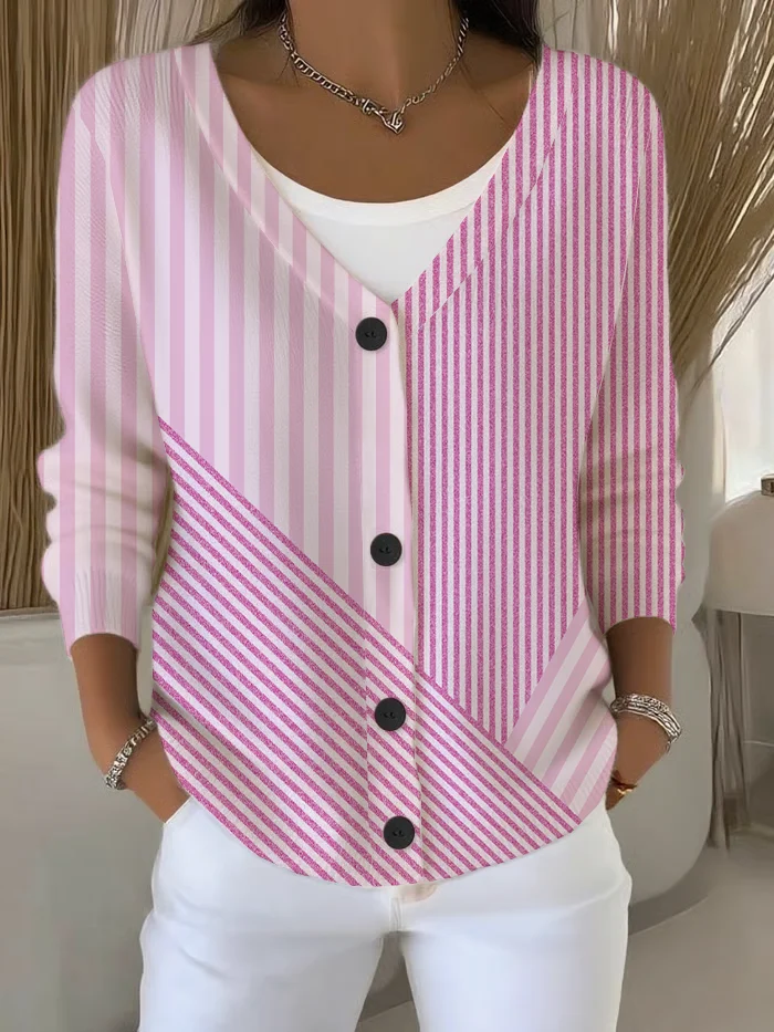 Women's Striped Print Casual Long Sleeve V-Neck Knitted Button Cardigan