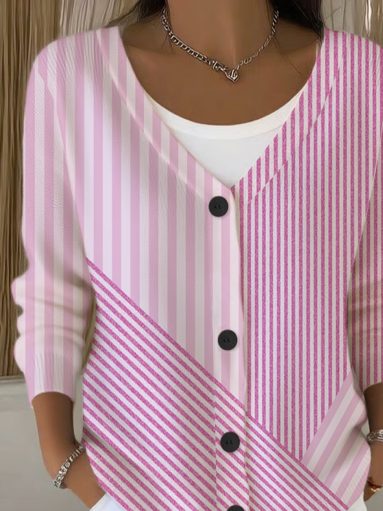 Women's Striped Print Casual Long Sleeve V-Neck Knitted Button Cardigan