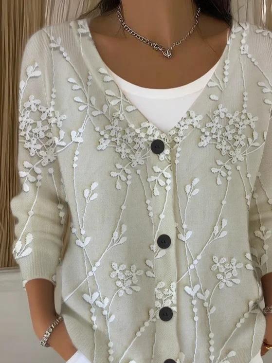 Women's Floral Print Casual Long Sleeve V-Neck Knitted Button Cardigan