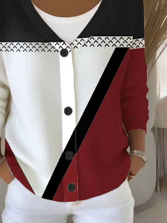 Women's Abstract Print Casual Long Sleeve V-Neck Knit Button Cardigan