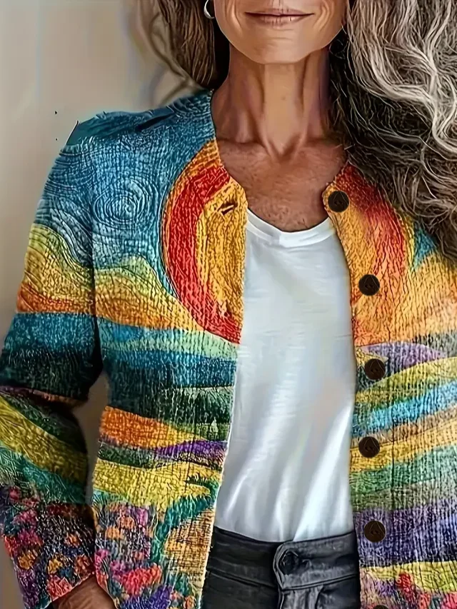 Women's Abstract Oil Painting Print Casual Long Sleeve Cardigan