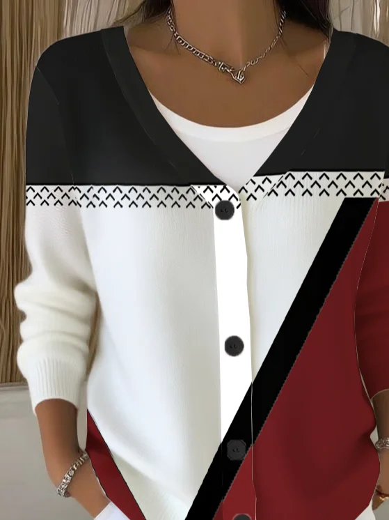 Women's Abstract Print Casual Long Sleeve V-Neck Knit Button Cardigan