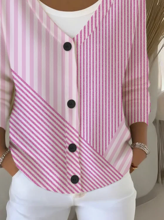 Women's Striped Print Casual Long Sleeve V-Neck Knitted Button Cardigan