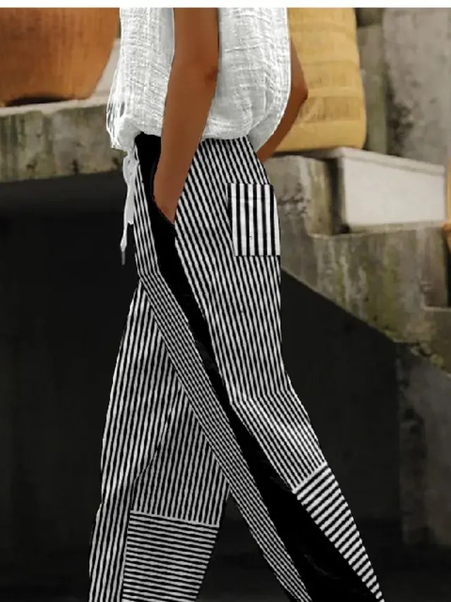 Women's  H-Line Baggy Pants Daily Going Out Pants Black Casual Printing Striped Spring/Fall Pants