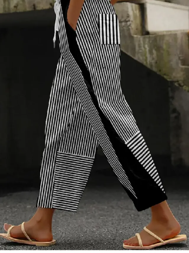 Women's  H-Line Baggy Pants Daily Going Out Pants Black Casual Printing Striped Spring/Fall Pants
