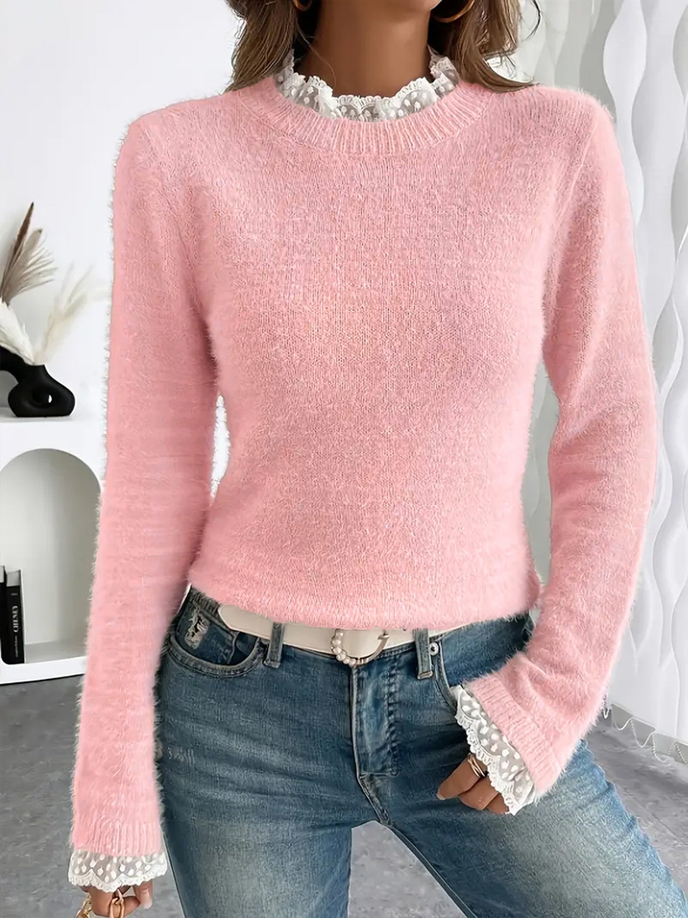 Casual Cotton Crew Neck Plain Sweater