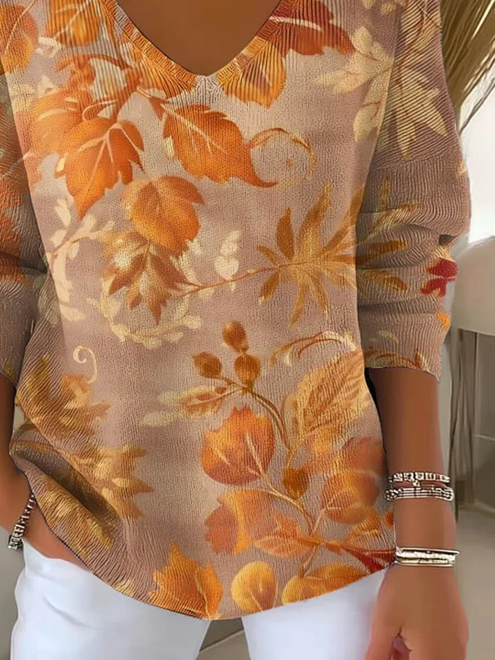 Women's Long Sleeve T-shirt Spring/Fall Orange Maple Leaf Printing V Neck Daily Going Out Casual Top