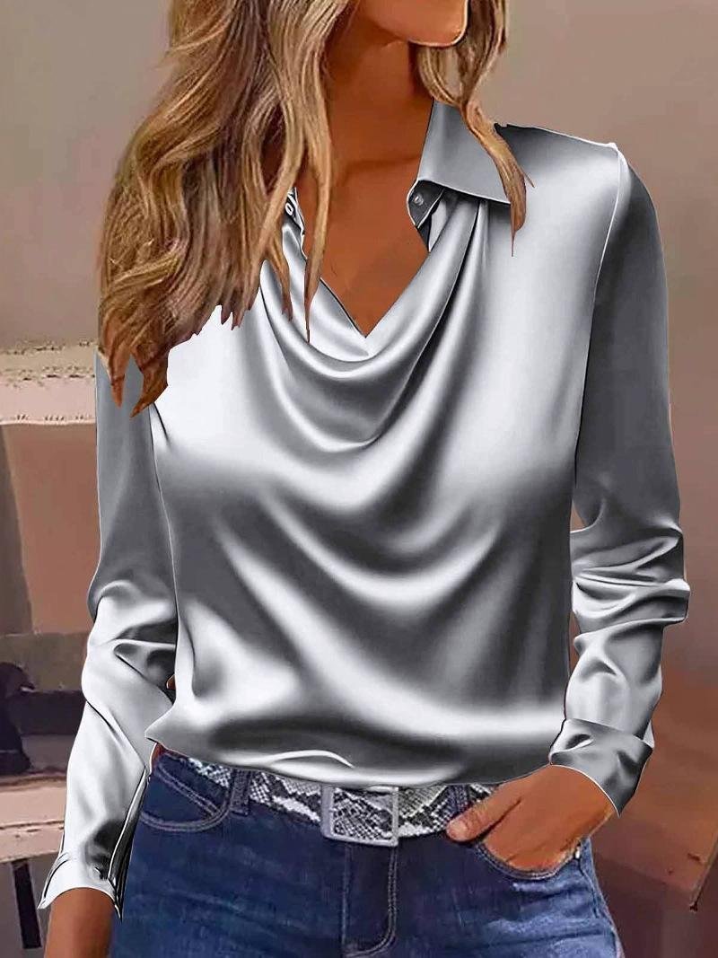 Women's Solid Elegant Satin Long Sleeve Spring and Autumn Shirt Regular Tops