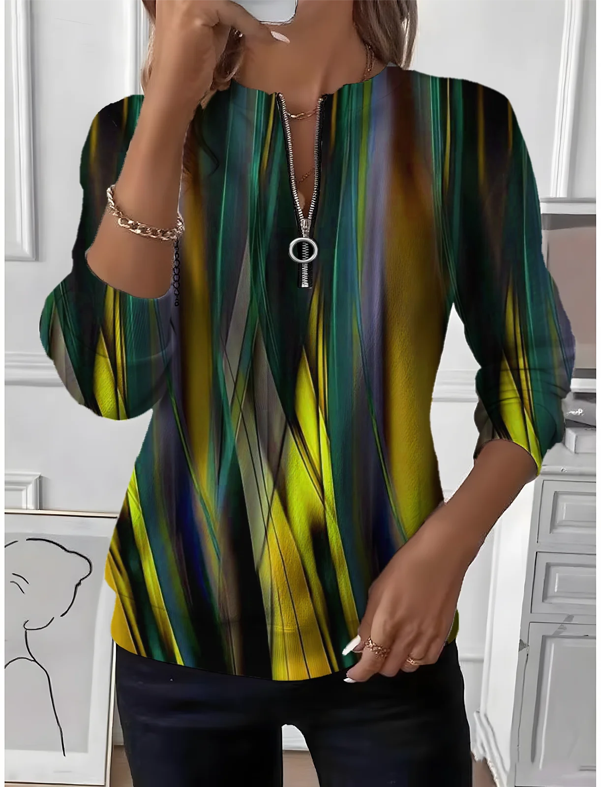 Women's Line Art Graphic Long Sleeve Center Front Zip Casual Sweatshirt Regular Top