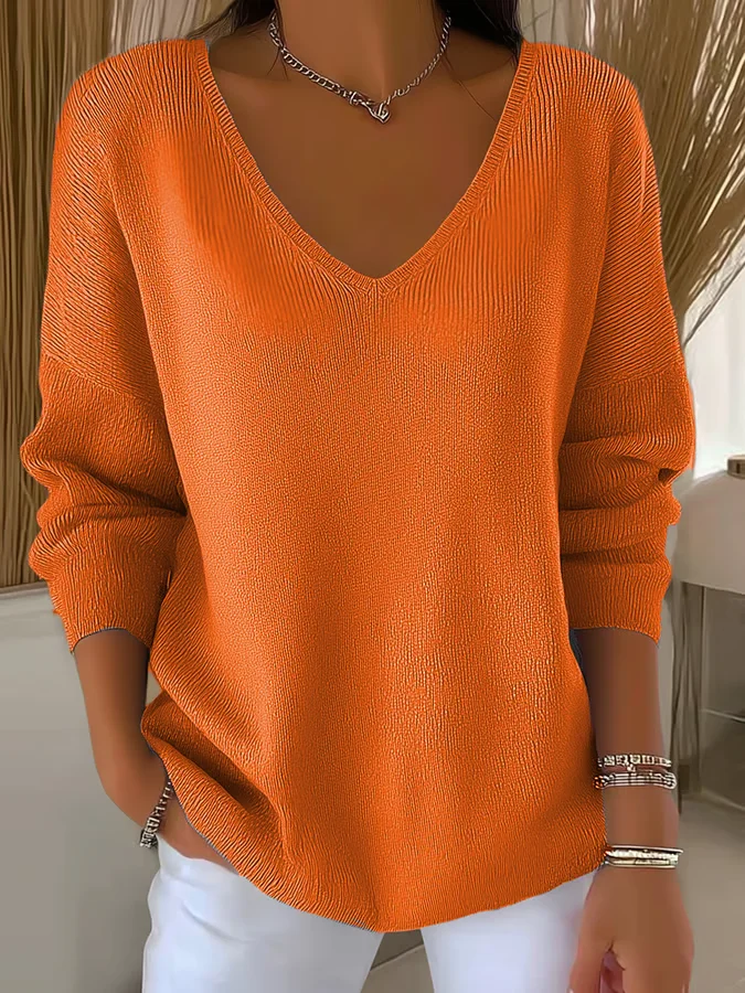 Women's Long Sleeve T-shirt Spring/Fall Orange Plain Printing V Neck Daily Going Out Casual Top