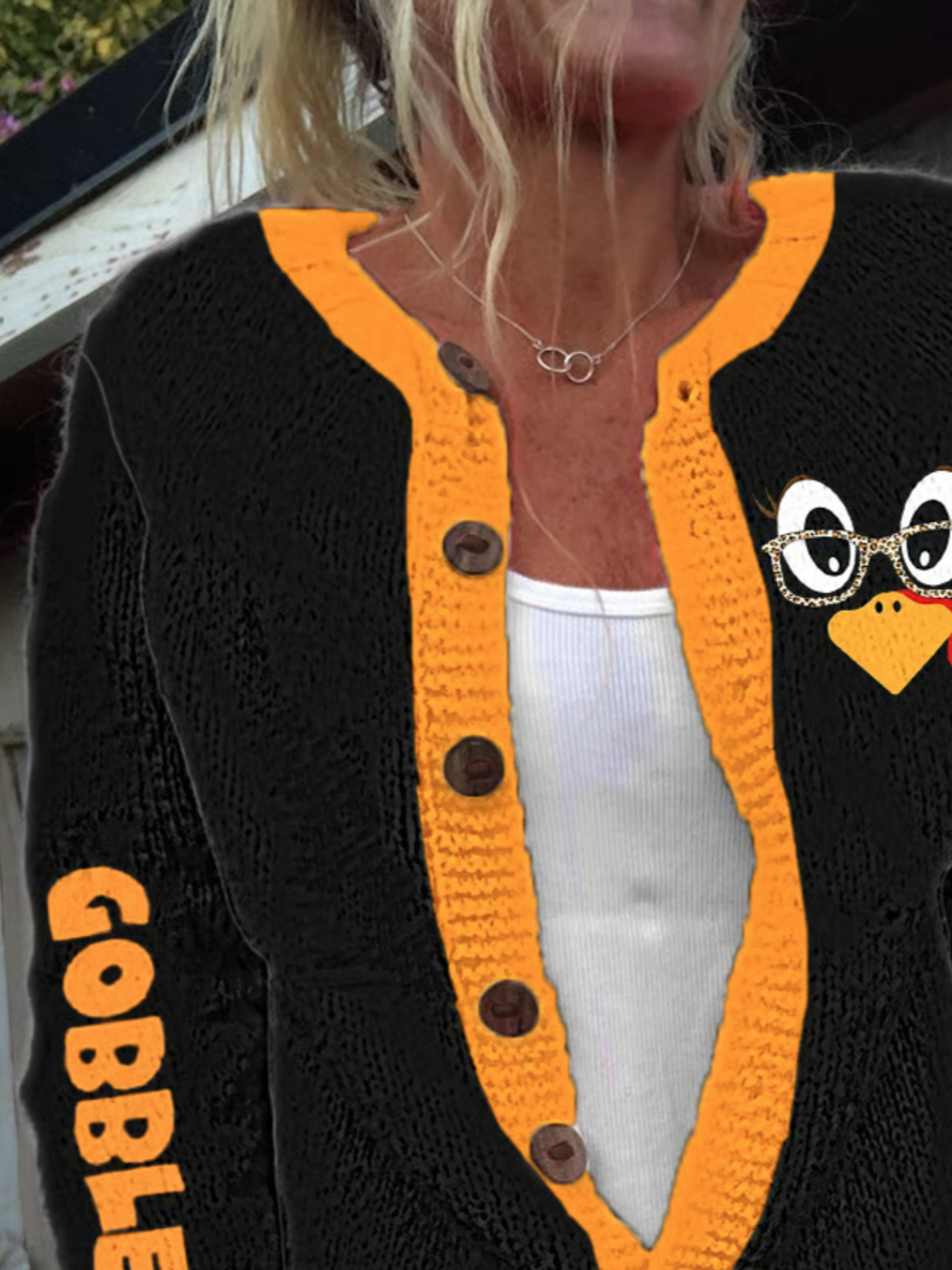 Women's Thanksgiving Day Cute Turkey Fall Thanksgiving Knit Cardigan